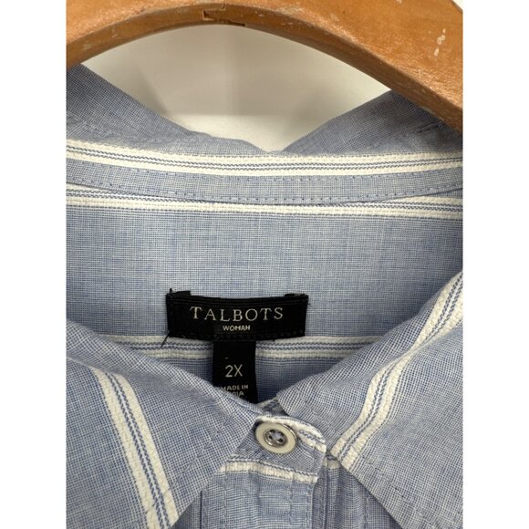 Talbots Womens blouse tunic size 2X plus Blue Striped Cotton Shirt Pintuck - Picture 2 of 6